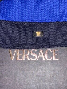Versace Royal Blue and Black Ribbed Knit Beanie with Medusa Plate